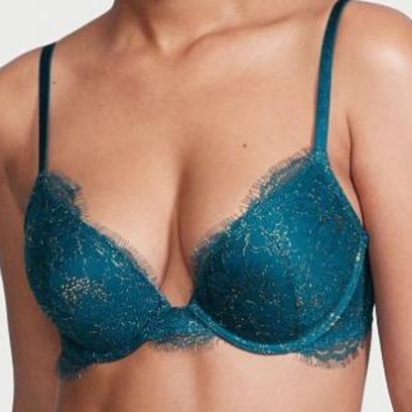 EUC Victoria's Secret Very Sexy Teal Shimmer Eyelash Lace Push Up Bra, Sz 32B - Picture 2 of 12